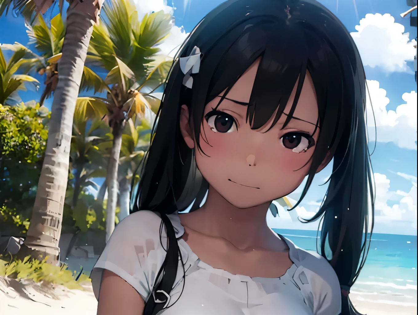 Tan Skin、Sunburned skin、tears、sad、Blonde、White Bikini Swimsuit、Palm Tree、beach、Spiteful eyes、、Black Hair、Blunt bangs、、 hatsune miku,1 girl, 2D CG, Advanced Digital Animation Art, Anime characters