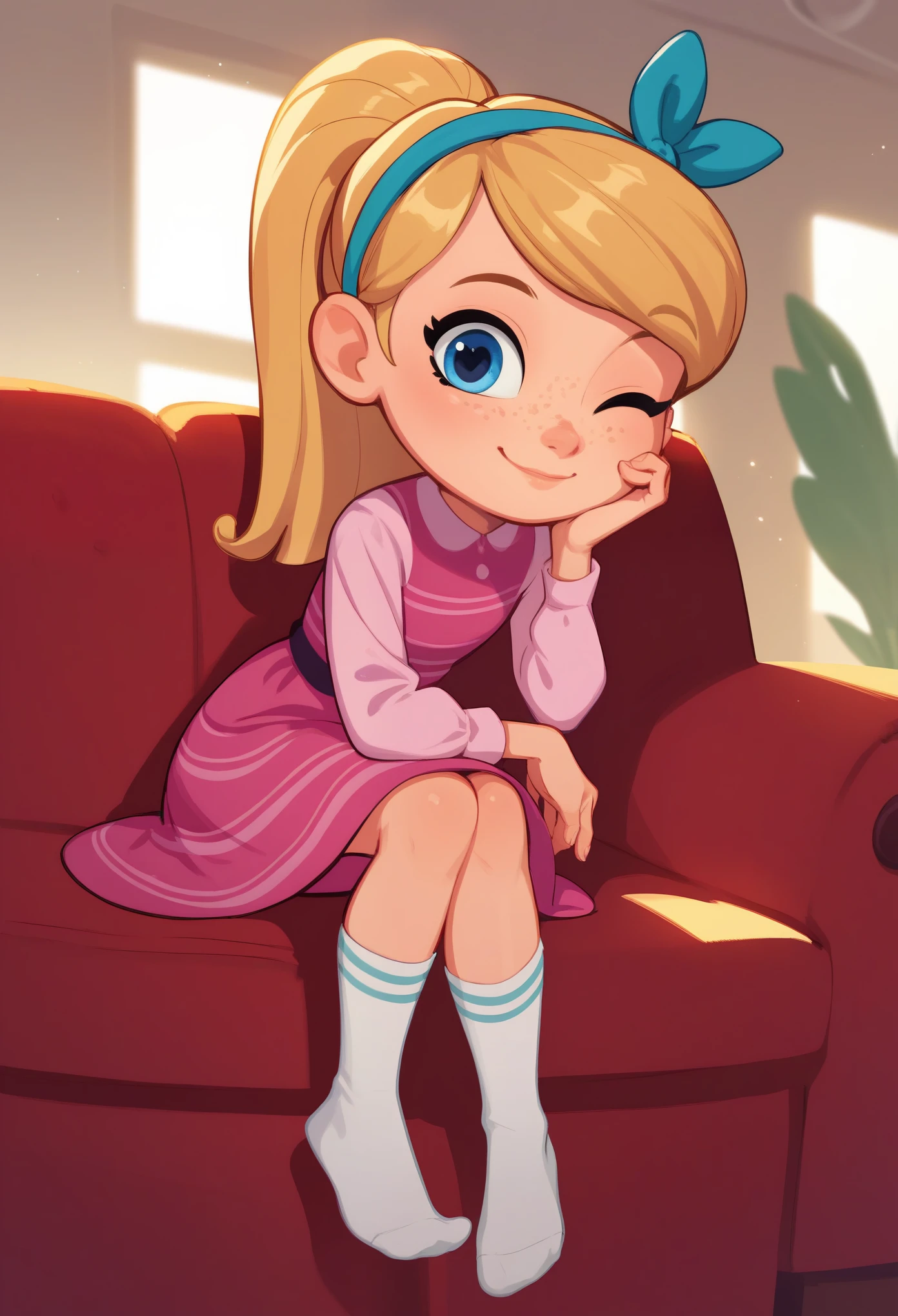 1girl, full body, solo, young girl, 9- year old, penny peterson, long hair, blue eyes, freckles, blonde hair, skirt, hairband, cyan ribbon, ponytail, white long tube socks, dress, pink dress, long sleeves, no shoes, score_9,score_8_up,score_7_up,score_6_up,score_5_up, sitting, sofa, leaning forward, indoors, smile, cute smile, closed mouth, heart-warming, one eye closed, looking at viewer, soft lighting,
