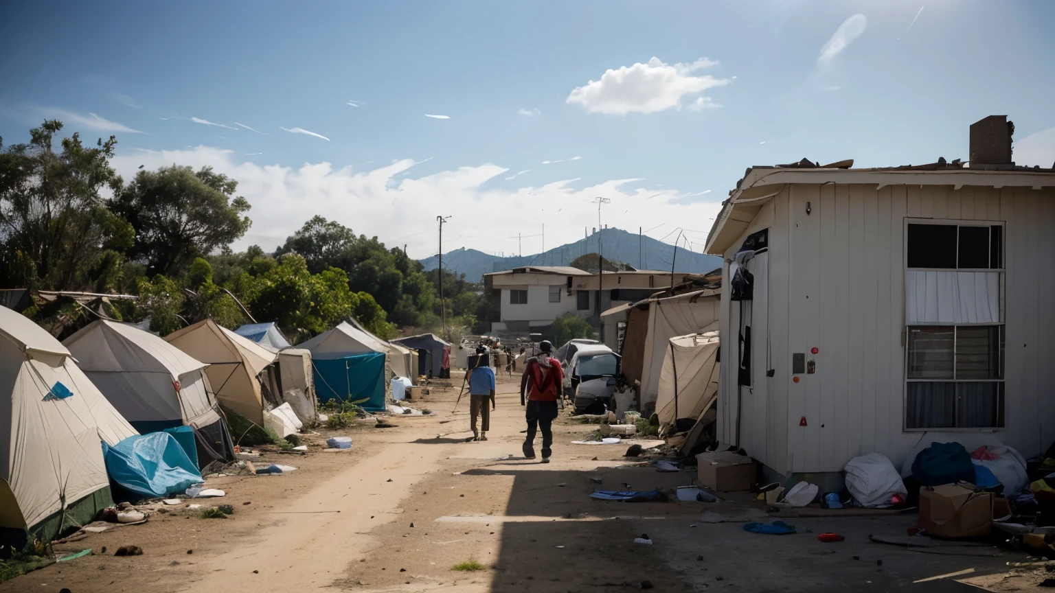 Create a realistic and impactful image of the aftermath of an earthquake in a fictional town named Mariposa. Show a scene where residents are receiving emergency assistance, including essential supplies like food, clean water, clothing, and hygiene kits. Include visible signs of damage such as collapsed buildings or debris. Portray volunteers or aid workers actively helping, providing medical care, and setting up temporary shelters. The atmosphere should reflect urgency and compassion, with a focus on the resilience and support provided to those affected. Ensure the depiction is serious and evokes empathy, highlighting the critical need for aid and community support. Note: This is a fictional representation for a fundraising campaign