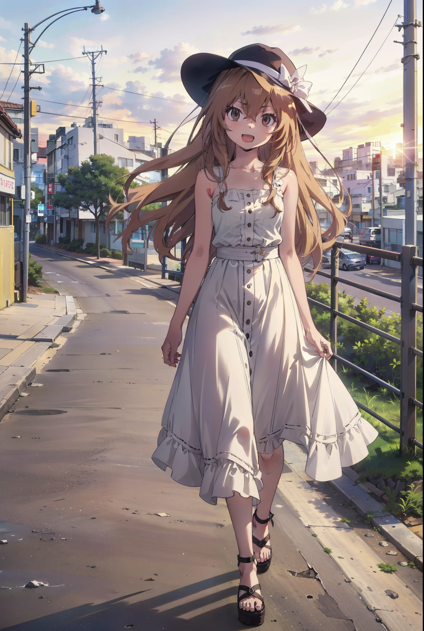 Aisaka Taiga, Aisaka Taiga, Long Hair, Brown Hair, Brown eyes,happy smile,smile, Open your mouth,White hat,White sleeveless dress,Long skirt,Heeled Sandals,evening,sunset,The sun is setting,whole bodyがイラストに入るように,Walking,　　　　　　　　　　　　  　　　　　break looking at viewer, whole body,　　　　　
break outdoors,Coastal Road,In town,
break (masterpiece:1.2), Highest quality, High resolution, unity 8k wallpaper, (shape:0.8), (Beautiful attention to detail:1.6), Highly detailed face, Perfect lighting, Extremely detailed CG, (Perfect hands, Perfect Anatomy),
