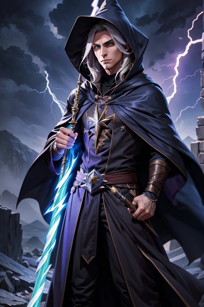 Male dark elf wizard, staff, lightning, robes, cloak, wizard hat, (((masterpiece)))
