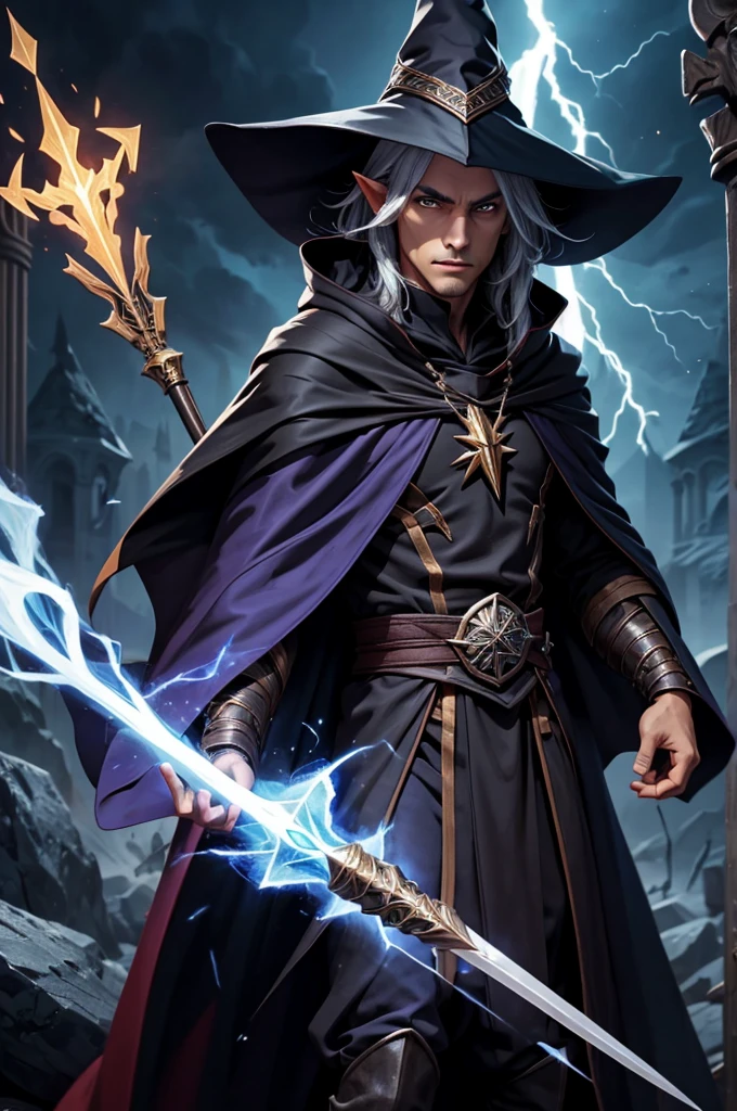 Male dark elf wizard, staff, lightning, robes, cloak, wizard hat, (((masterpiece)))