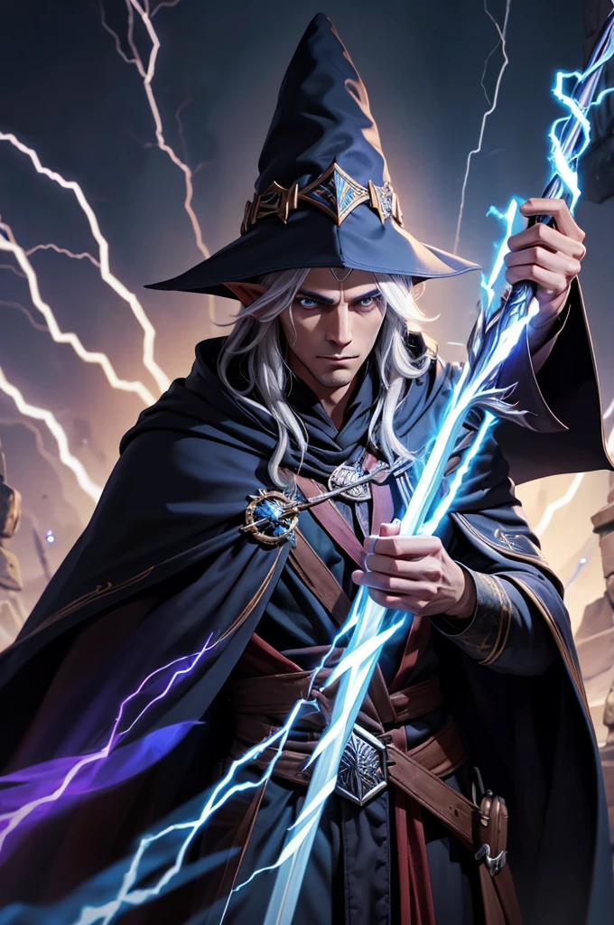 Male dark elf wizard, staff, lightning, robes, cloak, wizard hat, (((masterpiece)))