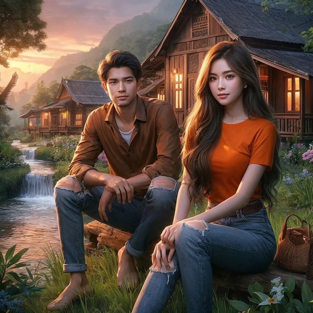 two individuals, a beautiful Indonesian woman aged 20 years, oval face, beautiful long hair. Realistic skin, ideal body. wearing an orange t-shirt. and ripped jeans. and a man is looking warm, Indonesian, 22 years old, realistic skin. wearing a shirt and jeans. sitting in front of a traditional wooden house on the edge of the forest, beside it a clear flowing river. Green grass and various flowers add to the comfortable twilight atmosphere.
