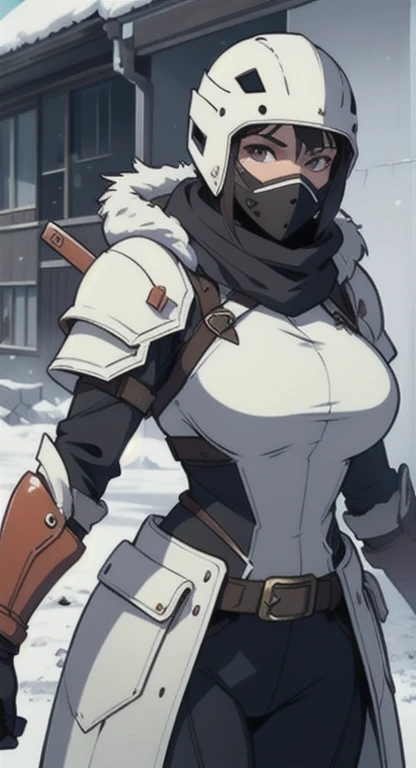 1girll, playgame, Large display, in helmet, winter facemask and armor, knife, post apocalypse, snowstorm, SFW, muted colors