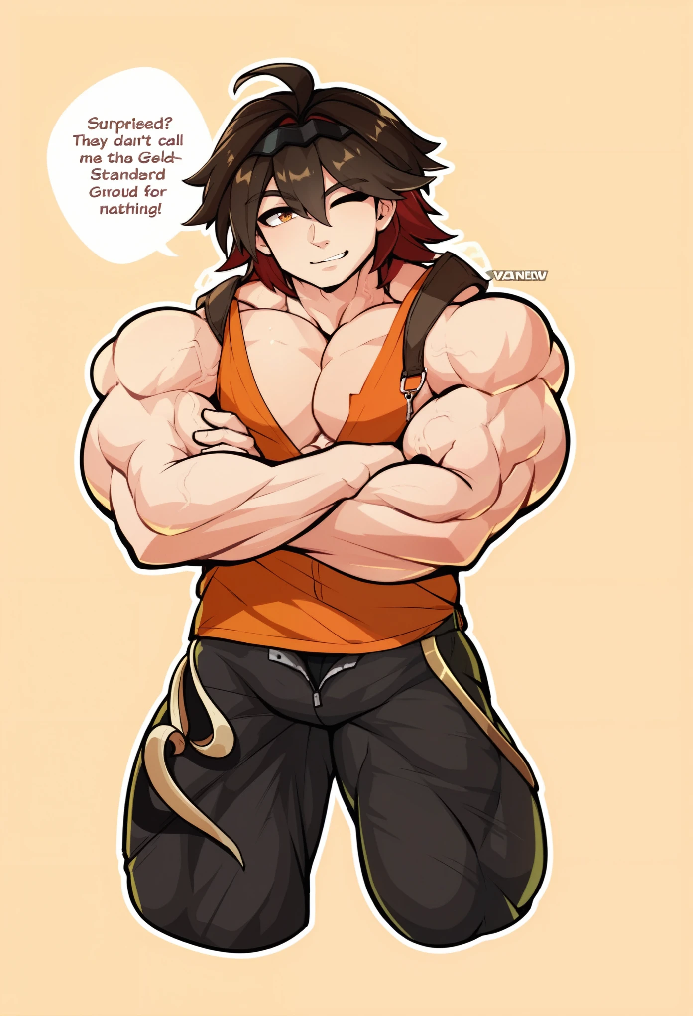 (Nsfw:1.3) remove shirt, muscular man, shirtless, unzipped pants, topless, muscles, hairless, 