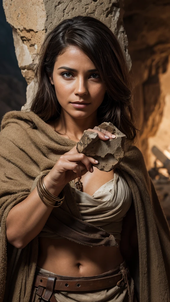 /A woman's hands, dirty with excavation dust, holding an ancient piece, an artifact, that had been found in the cliffs. Brilliant artifact, with signs of other times. Realistic image, 4k image, high definition image.