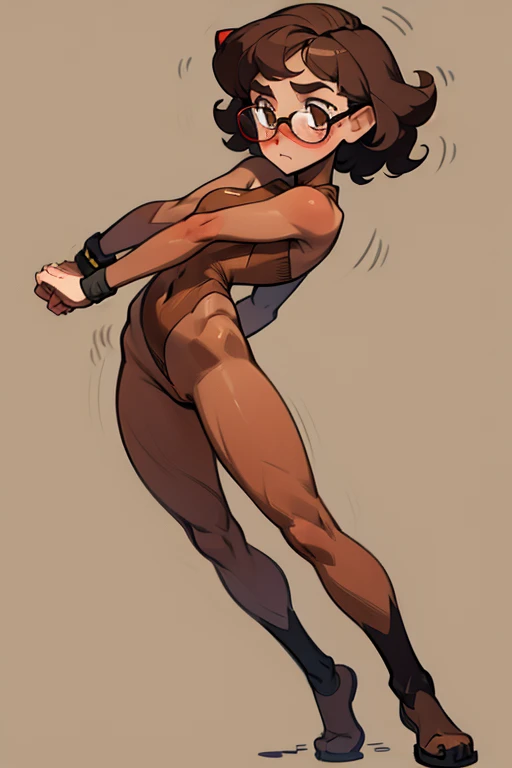 Really embarrassed tomboy girl, with short gray curly  hair, brown skin and  glasses, in brown body paint  , full body, dynamic poses