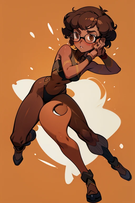 Really embarrassed tomboy Slim girl, with short gray curly hair, brown skin and glasses, In brown latex suit , full body, dynamic poses, View from back