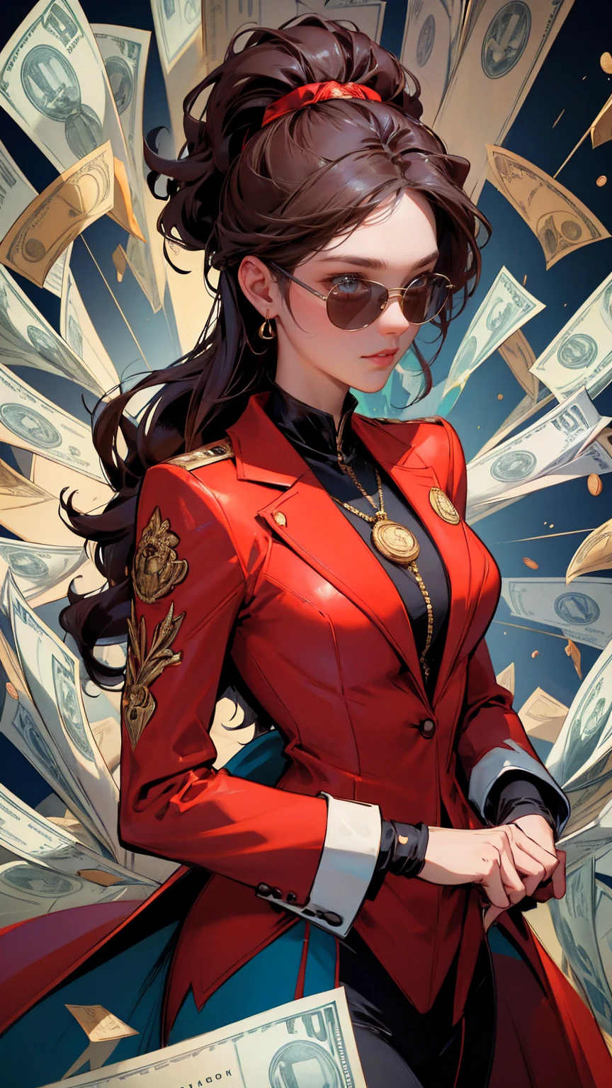  A detailed illustration of an extremely rich woman with sunglasses and a red suit, surrounded by lots of money in the background. she  is holding her chin while thinking about something. The character should be depicted in a vibrant comic book style with bright colors and bold outlines. In front there are some coins and dollar bills. There will also be various other logos in the background to symbolize wealth and success. Make it look like a poster in the style of a comic book artist