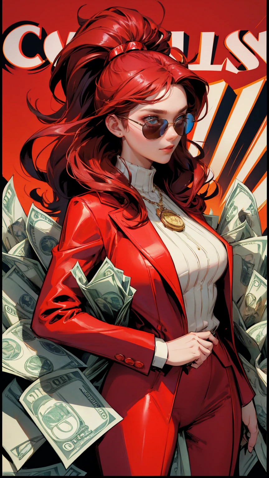 A detailed illustration of an extremely rich woman with sunglasses and a red suit, surrounded by lots of money in the background. she is holding her chin while thinking about something. The character should be depicted in a vibrant comic book style with bright colors and bold outlines. In front there are some coins and dollar bills. There will also be various other logos in the background to symbolize wealth and success. Make it look like a poster in the style of a comic book artist