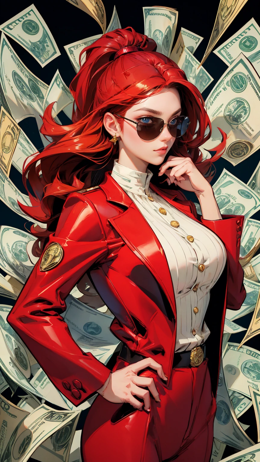 A detailed illustration of an extremely rich woman with sunglasses and a red suit, surrounded by lots of money in the background. she is holding her chin while thinking about something. The character should be depicted in a vibrant comic book style with bright colors and bold outlines. In front there are some coins and dollar bills. There will also be various other logos in the background to symbolize wealth and success. Make it look like a poster in the style of a comic book artist