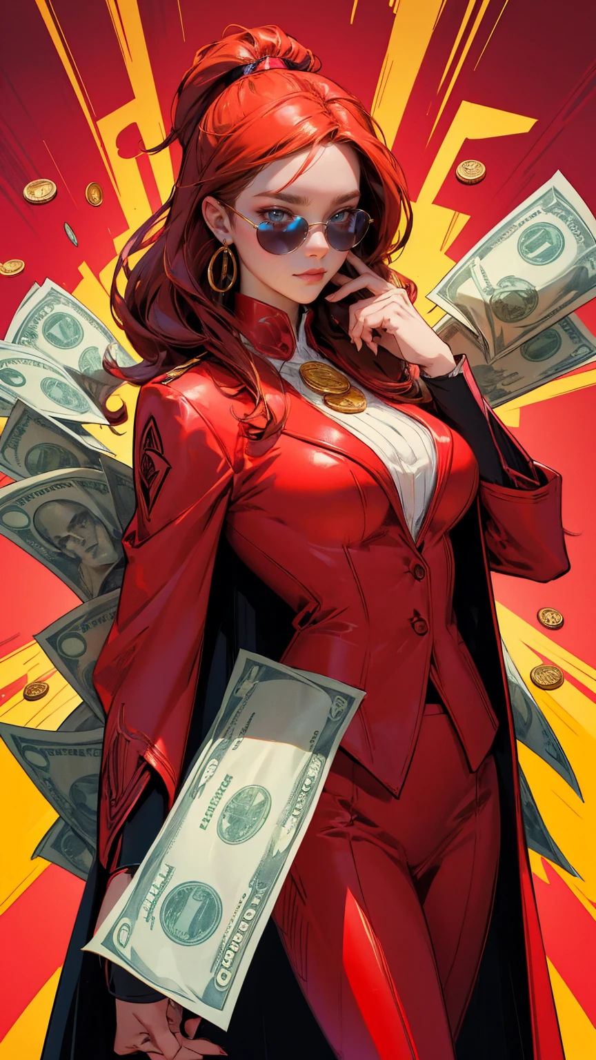  A detailed illustration of an extremely rich woman with sunglasses and a red suit, surrounded by lots of money in the background. she  is holding her chin while thinking about something. The character should be depicted in a vibrant comic book style with bright colors and bold outlines. In front there are some coins and dollar bills. There will also be various other logos in the background to symbolize wealth and success. Make it look like a poster in the style of a comic book artist