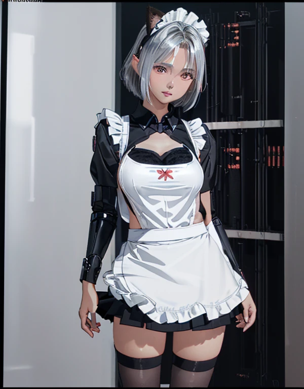 (8k, Realistic, RAW Photos, Highest quality: 1.3), (Fox Girl, Fox Ears, One Girl, Alone on the screen, dark skin, High definition, (boyish, Silver color very short hair), high resolution:1.4), とてもbeautiful, (Realistic Face), (maid apron, Black and white clothes, skirt, (Mecha suit with legs only):1.5), (Body measurements are 75-60-75!, Young girl body, Small breasts, skirt hold, slender:1.6), A brilliance that captivates the viewer, beautiful expression, beautiful breasts, (Realistic Skin), beautiful...