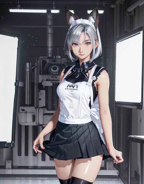 (8k, Realistic, RAW Photos, Highest quality: 1.3), (Fox Girl, Fox Ears, One Girl, Alone on the screen, dark skin, High definition, (boyish, Silver color very short hair), high resolution:1.4), とてもbeautiful, (Realistic Face), (maid apron, Black and white clothes, skirt, (Mecha suit with legs only):1.5), (Body measurements are 75-60-75!, Young girl body, Small breasts, skirt hold, slender:1.6), A brilliance that captivates the viewer, beautiful expression, beautiful breasts, (Realistic Skin), beautiful...