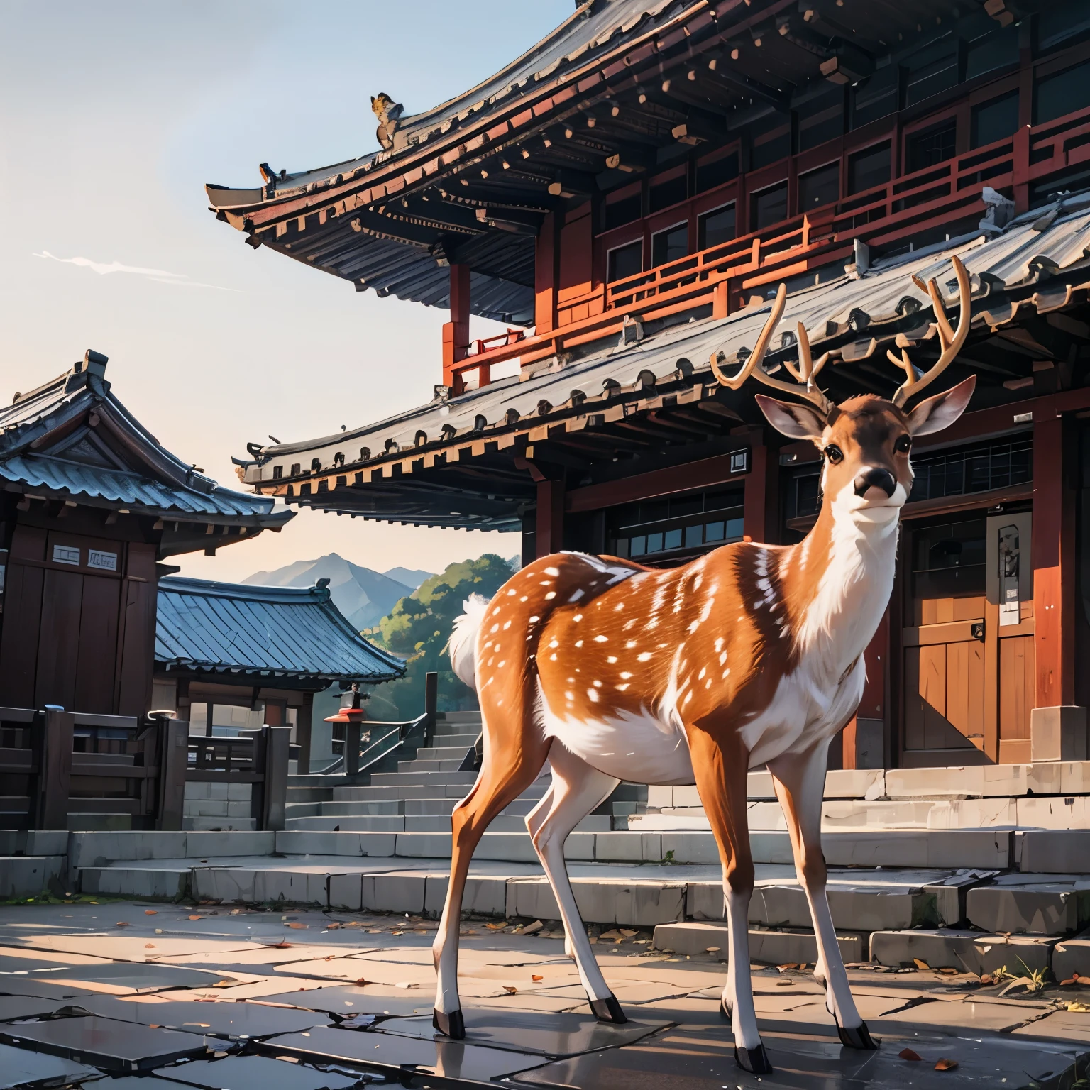 Masterpiece, hd, best quality, 1animal, deeer, small deer, outdoor, temple background, Korea deer