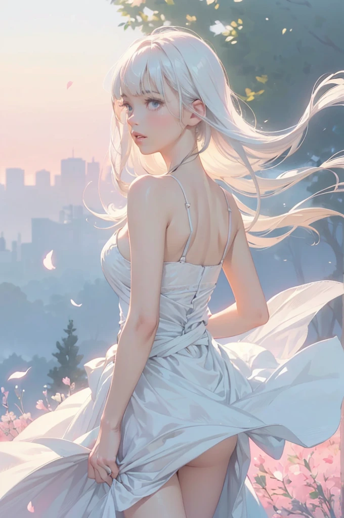 Dreamy pastel painting,　whole body，((One girl))，Realistic，lips，Tabletop，Highest quality，Realistic feel，(((Smooth straight hair　Bangs longer than the waist, beautiful, Flowing white hair:1.2)))，beautiful目，(((Gazing into the distance)))，Skin Texture，break，Delicate silk，The hem of the dress is long，Prism Rotation，(Princess Decoration，Baby Pink:1.2)，detailed，Pink Coat，moving composition，Against a deep background，Feathers in the sky，it was foggy, Bokeh, it was foggy, Dutch Angle, Afterimage, Minimalism，A world beyond imagination，Movie-like scene, Cinema Lighting，超beautifulポートレート, Abstract background