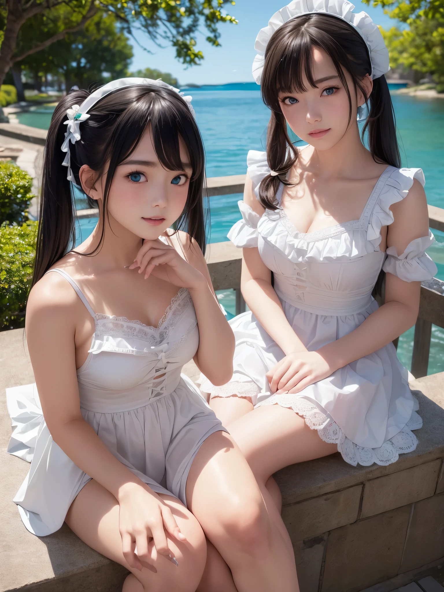 ((masterpiece)), ((highest quality、Ultra high definition)), (Very detailed),8K、Photo quality、((Amazingly cute girl)),)), Two people, , (Beautiful emerald blue eyes), ((smile)),In the open-air bath overlooking the sea, Beautifully arranged black hair in twin tails、スリムボディー、((Cute lolita maid stylimsuit))、Professional Lighting、(White lace knee-highore detailed and beautiful)、(More details and cutenesore realistic)、((Just wear light clothing))、プールではしゃぐ、