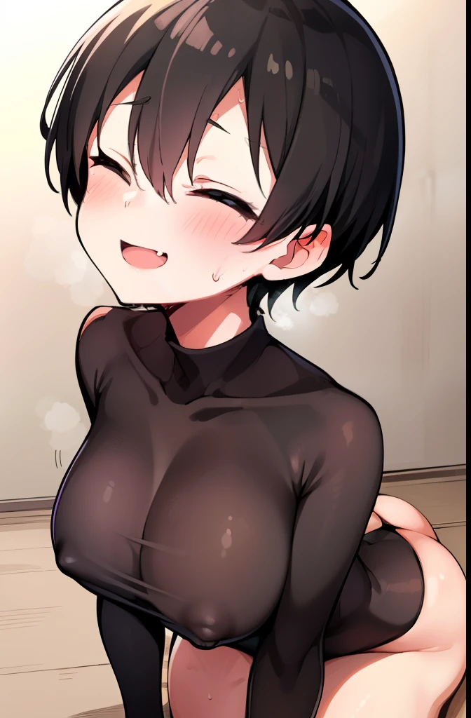 boyish,Very short hair,Black Hair,Large ,Black leotard,High Leg,blush,forest,Sweat,Full body image,barefoot,smile,Please open your mouth wide,Haa,tickle,Backwards,back,Butt,Cl~ eyes