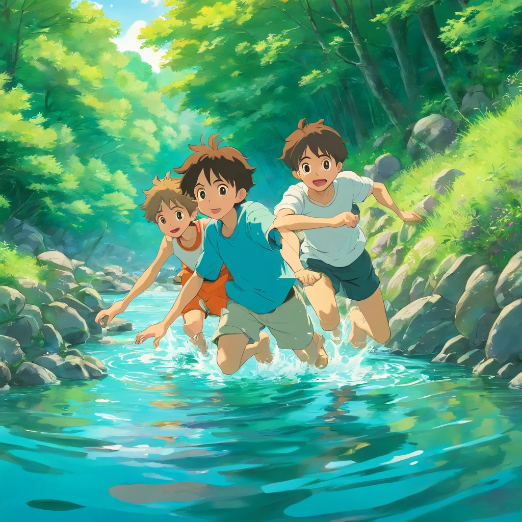 Midsummer　Three brothers playing in a rural river　Diving in the water