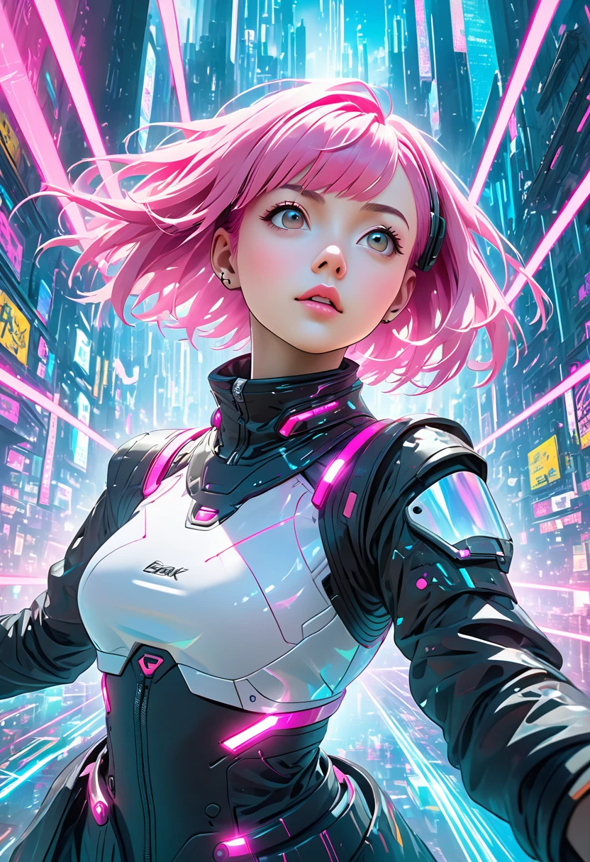 Cyberpunk, Pink Hair, Futuristic, Surrealism, Ultra wide angle, Wide-angle lens, look up, Dynamic Movement, Expressive, Energetic, Sacred Edge, Laser hologram