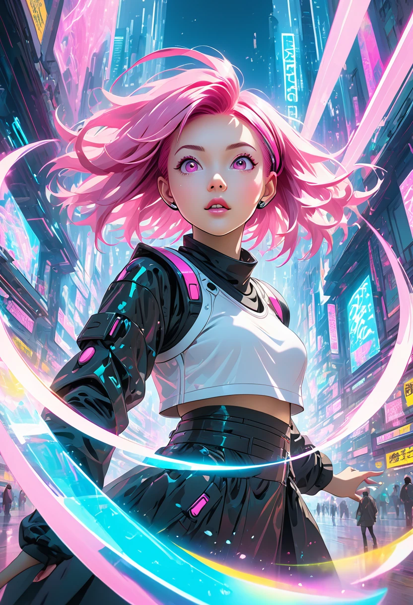 Cyberpunk, Pink Hair, Futuristic, Surrealism, Ultra wide angle, Wide-angle lens, look up, Dynamic Movement, Expressive, Energetic, Sacred Edge, Laser hologram