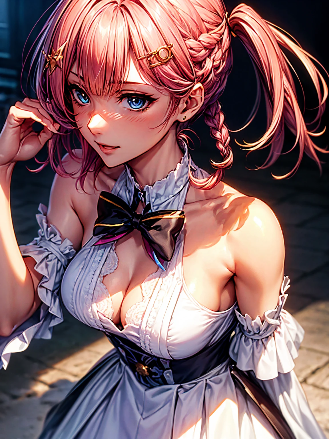 top-quality、tmasterpiece、Very high resolution、super high image quality、High-quality pixels)、perfect eyes, perfect face, perfect body figure,solo,8K,(Detailed description of hair), (Detailed description of face),(Detailed description of body), fair and clear skin, matchless beauty, long legged, pink hair details expressed, The details have been upgraded, braid, bangs, blue eyes, white maid costume, bare shoulders, bow, sleveless, maid hair band, hair ornament, asta(honkai star rail), large breasts, submissive, ssmile, sideview