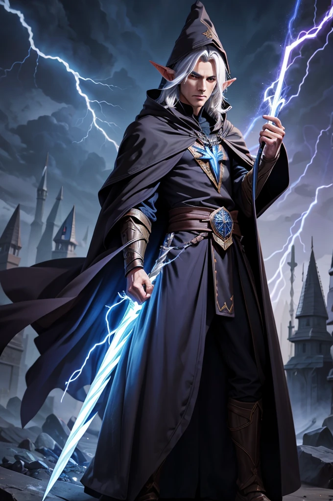 Male dark elf wizard, staff, lightning, robes, cloak, wizard hat, (((masterpiece)))