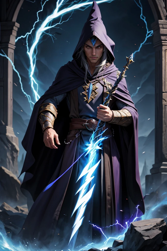 Male dark elf wizard, staff, lightning, robes, cloak, wizard hat, (((masterpiece)))