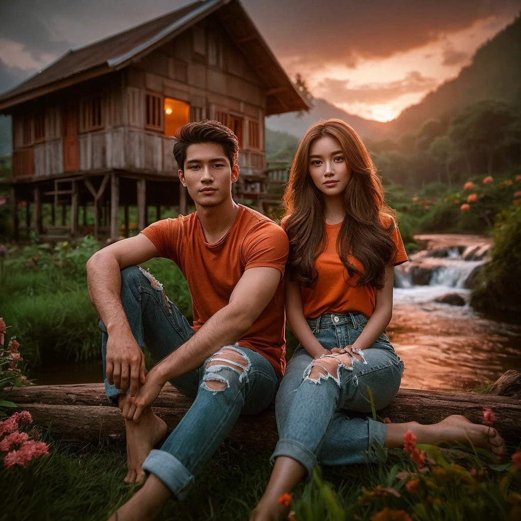 two individuals, a beautiful Indonesian woman aged 20 years, oval face, beautiful long hair. Realistic skin, ideal body. wearing an orange t-shirt. and ripped jeans. and a man is looking warm, Indonesian, 22 years old, realistic skin. wearing a shirt and jeans. sitting in front of a traditional wooden house on the edge of the forest, beside it a clear flowing river. Green grass and various flowers add to the comfortable twilight atmosphere.