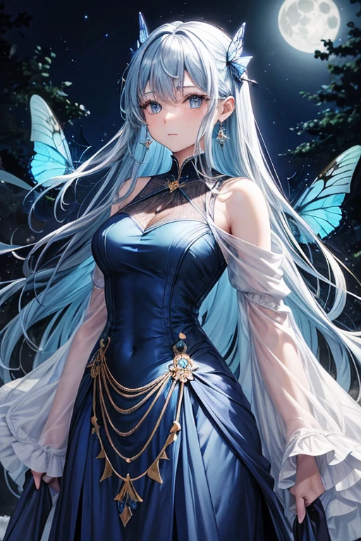 One adult woman,Long dress_blue,hairセミロング,hair_巻きhair,hair_blue,eye_light blue,Lady,full moon,A lot of butterflies are fluttering_green,diamond shaped earrings_light blue