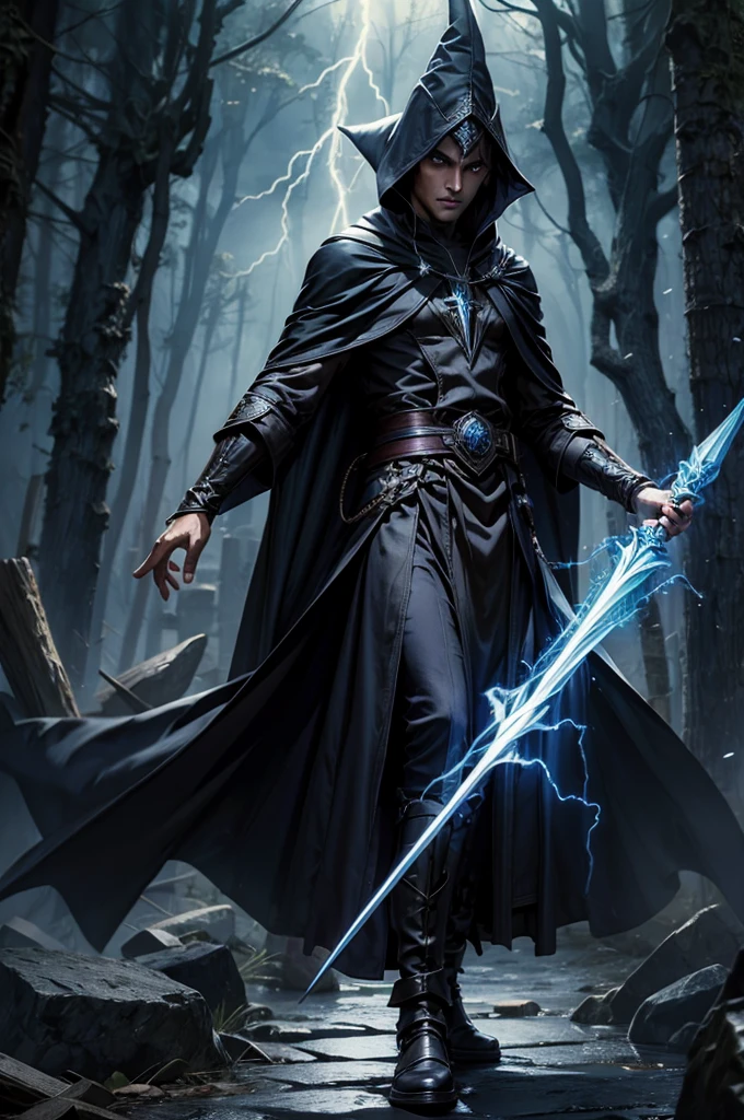 Male dark elf wizard, staff, lightning, robes, cloak, wizard hat, (((masterpiece)))