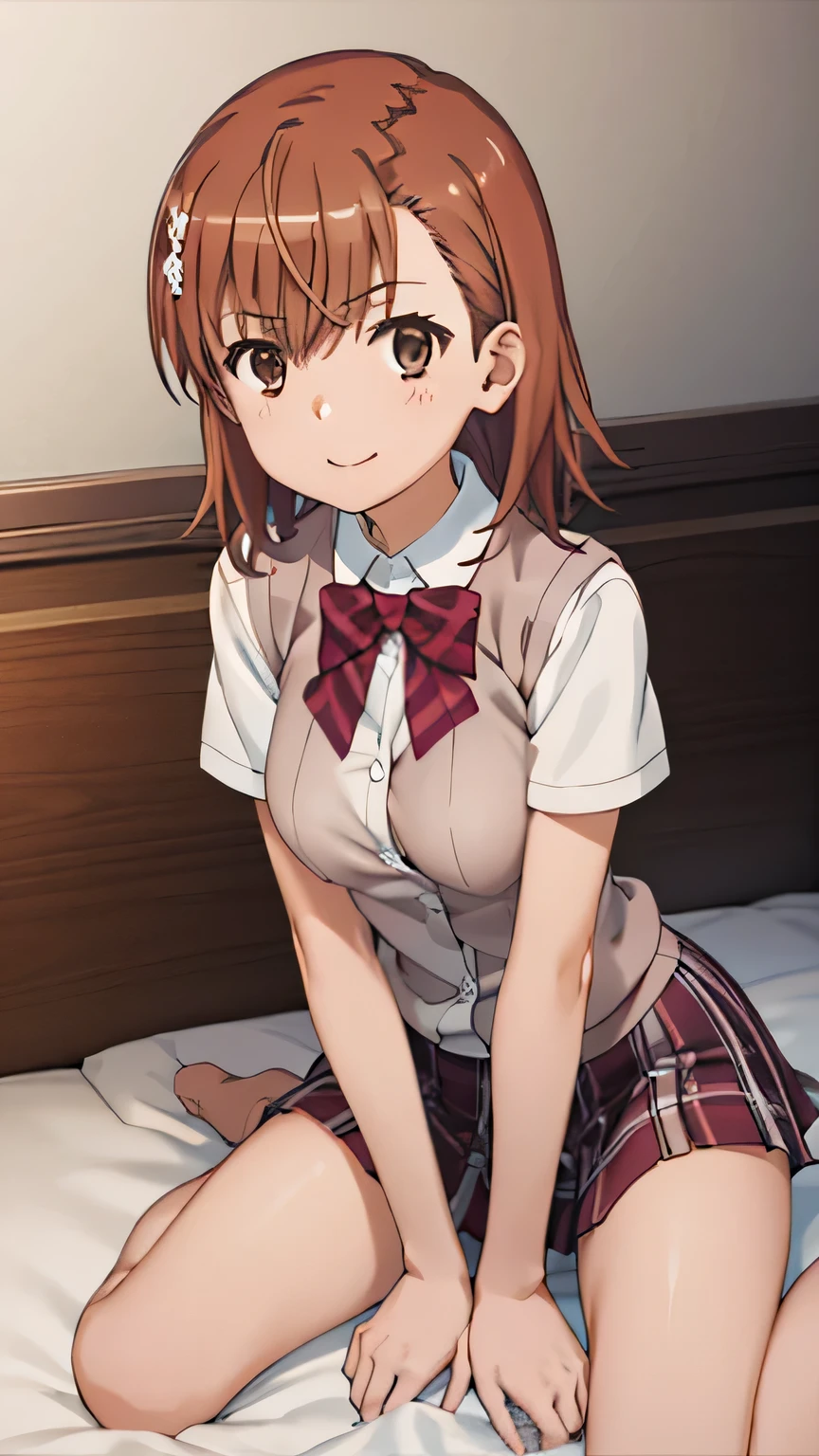 (((pixel perfect, detail perfect))), alone, 1 girl, Misaka Mikoto, tokiwadai , bow, looking at the viewer,, whole body、(Breast Exposure、Nipple exposure、medium breasts))、smile、Tokiwadai Junior High School Uniforms、白いパンティー,lie down on the bed