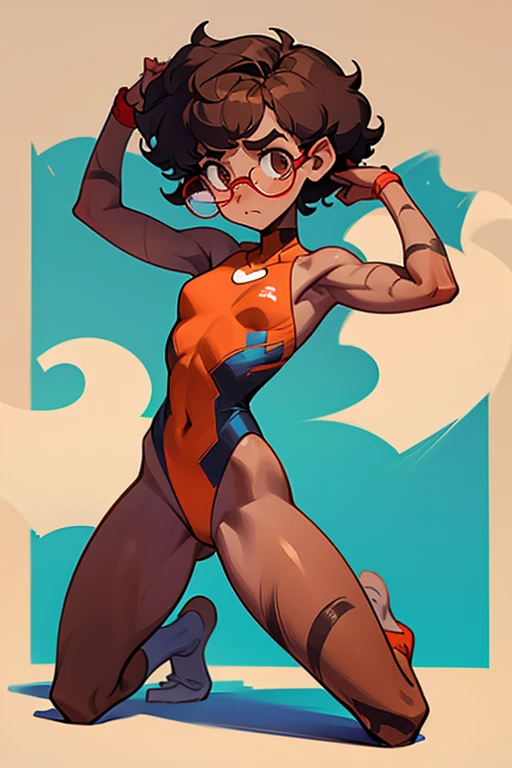 Really embarrassed tomboy girl, with short gray curly hair, brown skin and glasses, in brown body paint , full body, gymnastic poses