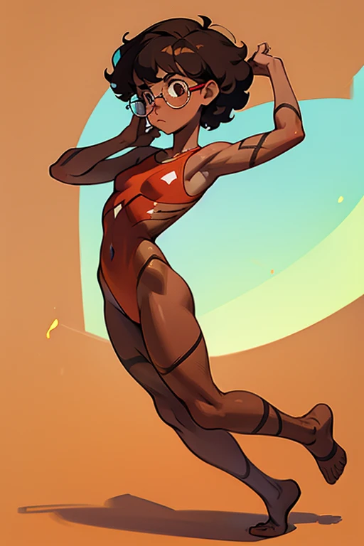 Really embarrassed tomboy girl, with short gray curly  hair, brown skin and  glasses, in brown body paint  , full body, gymnastic poses
