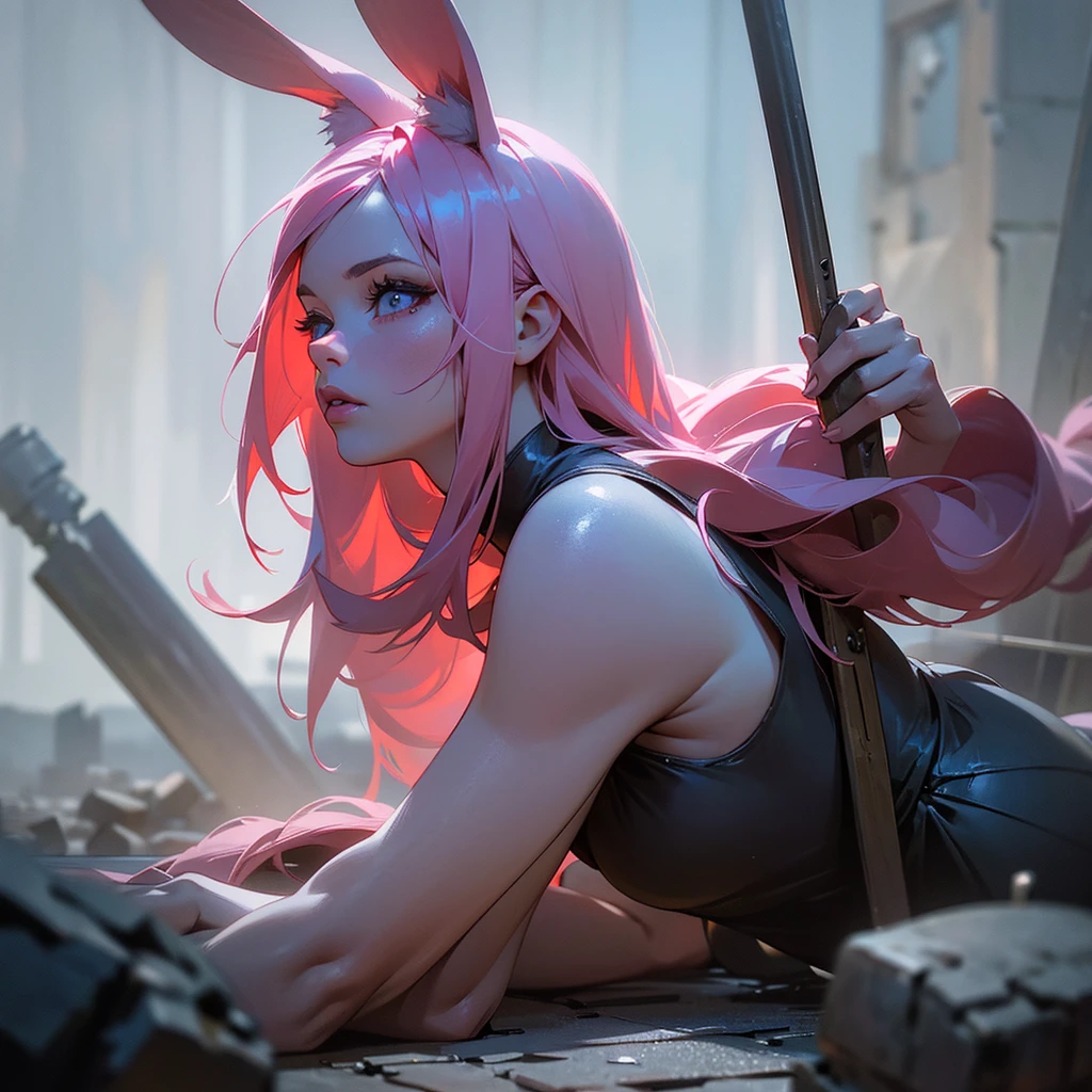 a girl with rose pink hair and bunny ears, dead on the ground, dead on the ground of a street in a big city, full of blood, stones around, a lot of blood, violence, 1girl, beautiful detailed eyes, beautiful detailed lips, extremely detailed face and eyes, long eyelashes, detailed rose pink hair, detailed bunny ears, dead body, bloody street, stones on the ground, violent scene, dark gritty atmosphere, dystopian city, (best quality, 4k, 8k, highres, masterpiece:1.2), ultra-detailed, (realistic, photorealistic, photo-realistic:1.37), cinematic lighting, moody colors, dramatic lighting, dark shadows, grim, disturbing
