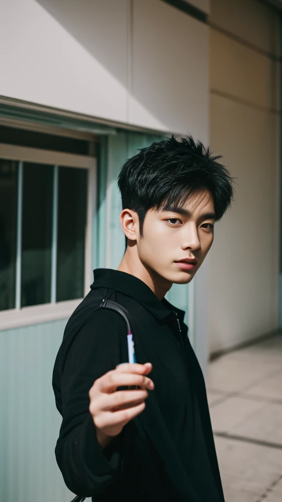 Asian alpha male wearing a black shirt looking at the camera, Shin Jinying, Kim Do-young, Paint Ulzzang, Shen Quanrui, korean men, Shin Jin Young's Aesthetics, faceเกาหลีที่น่ารัก, handsome young man'face, Jaeyong Nam, beautiful eyes、Kim Taejoon, Hyungtae, Inspiration from Jong Suk Lee, Avatar, Korean artist, Jung Jae Hyo ,(smile:1.2)