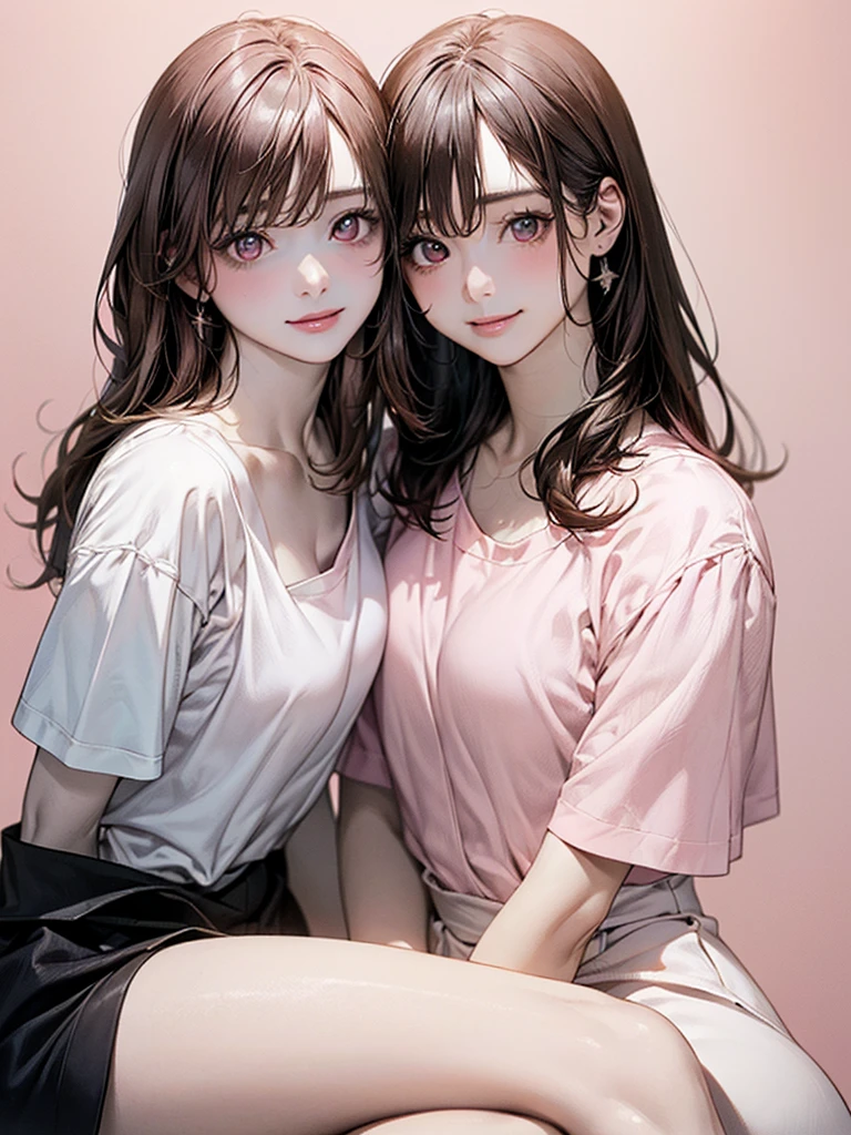 (masterpiece:1.2, Highest quality), (Realistic, photoRealistic:1.4), Beautiful illustrations, (Natural Side Lighting, Cinema Lighting), Browsing Caution, Looking at the audience, (27 year old female:1.5)、Long Hair、sexy、Japanese, Cute symmetrical face, Shiny skin, (Long Hair:1.5, Brown Hair), Shining Eyes, Small eyes and long eyelashes, (Medium chest), Beautiful Hair, Beautiful Face, Beautiful and beautiful eyes, Beautiful clavicle, Beautiful body, Beautiful breasts, Beautiful thighs, Beautiful legs, Beautiful fingers, Photographed from the waist up, (Cute Smile, Superior),(Pale pink background:1.5)、Ochame、（White T-shirt:1.5)