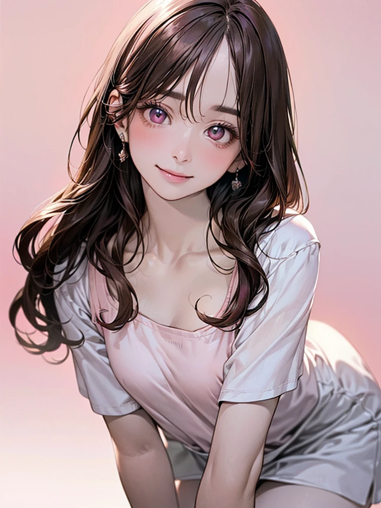 (masterpiece:1.2, Highest quality), (Realistic, photoRealistic:1.4), Beautiful illustrations, (Natural Side Lighting, Cinema Lighting), Browsing Caution, Looking at the audience, (27 year old female:1.5)、Long Hair、sexy、Japanese, Cute symmetrical face, Shiny skin, (Long Hair:1.5, Brown Hair), Shining Eyes, Small eyes and long eyelashes, (Medium chest), Beautiful Hair, Beautiful Face, Beautiful and beautiful eyes, Beautiful clavicle, Beautiful body, Beautiful breasts, Beautiful thighs, Beautiful legs, Beautiful fingers, Photographed from the waist up, (Cute Smile, Superior),(Pale pink background:1.5)、Ochame、(White T-shirt:1.5)