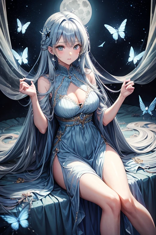 One adult woman,Long dress_blue,hairセミロング,hair_巻きhair,hair_blue,eye_light blue,Lady,full moon,A lot of butterflies are fluttering_green,diamond shaped earrings_light blue,Sitting,Raising his right hand