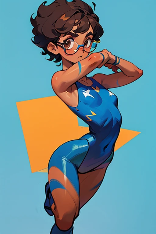 Really embarrassed tomboy girl, with short gray curly  hair, brown skin and  glasses, in blue body paint  , full body, gymnastic poses
