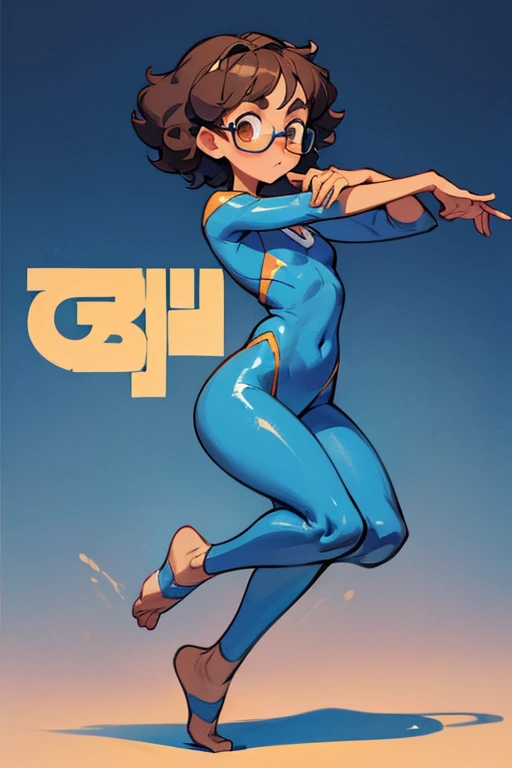 Really embarrassed tomboy girl, with short gray curly  hair, brown skin and  glasses, in blue body paint  , full body, gymnastic poses

