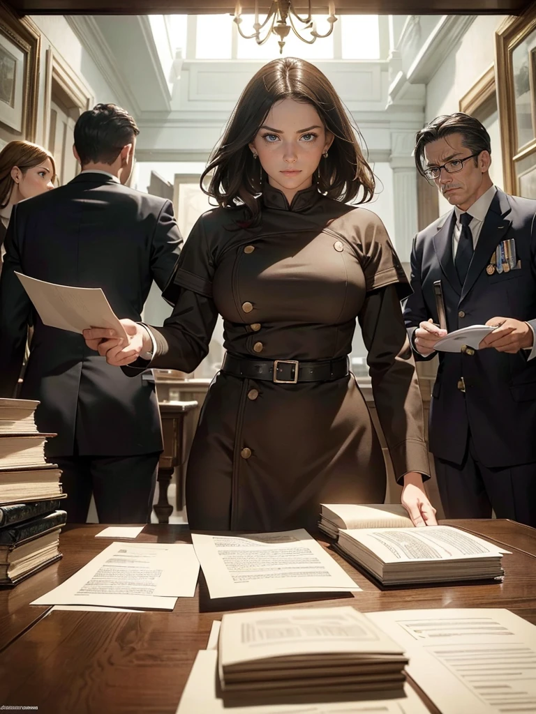 (Highest quality,4K,High resolution,masterpiece:1.2),Super detailed,(Realistic,photoRealistic,photo-Realistic:1.37), (perfect ), (Perfect ratio of fingers to thumb), (Symmetrical face), (from above), This is the office of a famous lawyer., (((They are discussing around a table piled high with boxes full of documents.))), The debate is heating up:1.4, They are serious about defending their clients to save their lives., In order to turn the tide of the battle, they are thoroughly examining and examining all relevant documents and records., A scene from a movie, Full Scene Shot