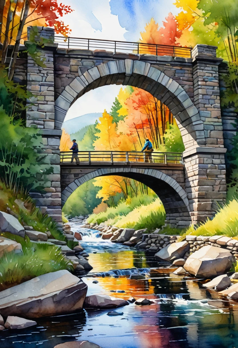 Beautiful picture of a man fitting a keystone in a bridge archway over a beautiful stream, with colorful surroundings, by Greg Rutkowski. Watercolor, trending on ArtStation, sharp focus, studio photo, intricate details, highly detailed.