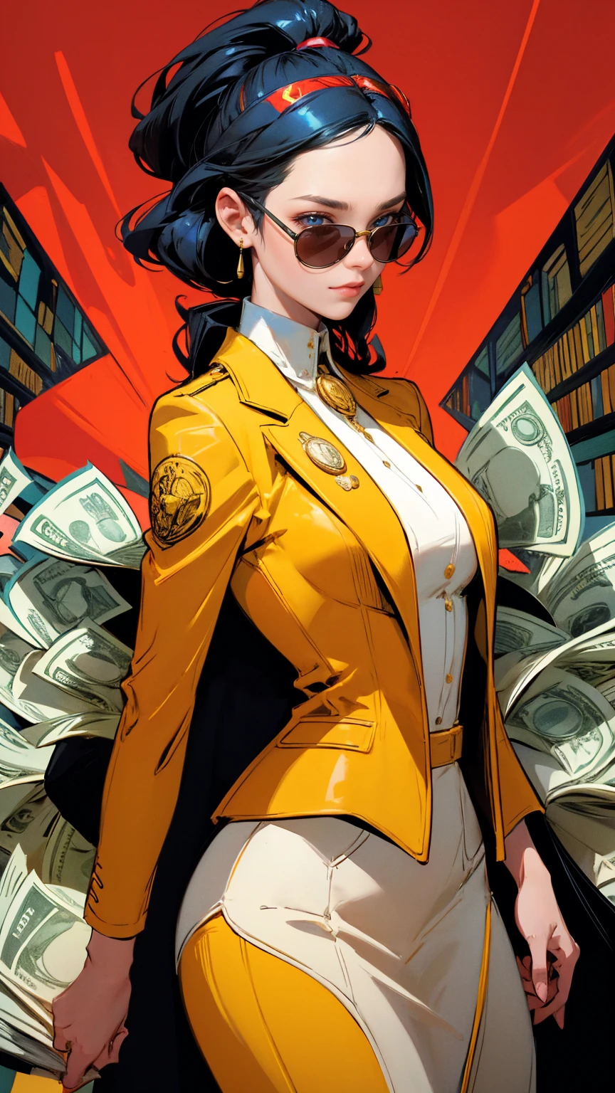 A detailed illustration of an extremely rich woman with yellow sunglasses and a red suit, surrounded by lots of money in the background. she is holding her chin while thinking about something. The character should be depicted in a vibrant comic book style with bright colors and bold outlines. In front there are some coins and dollar bills. There will also be various other logos in the background to symbolize wealth and success. Make it look like a poster in the style of a comic book artist