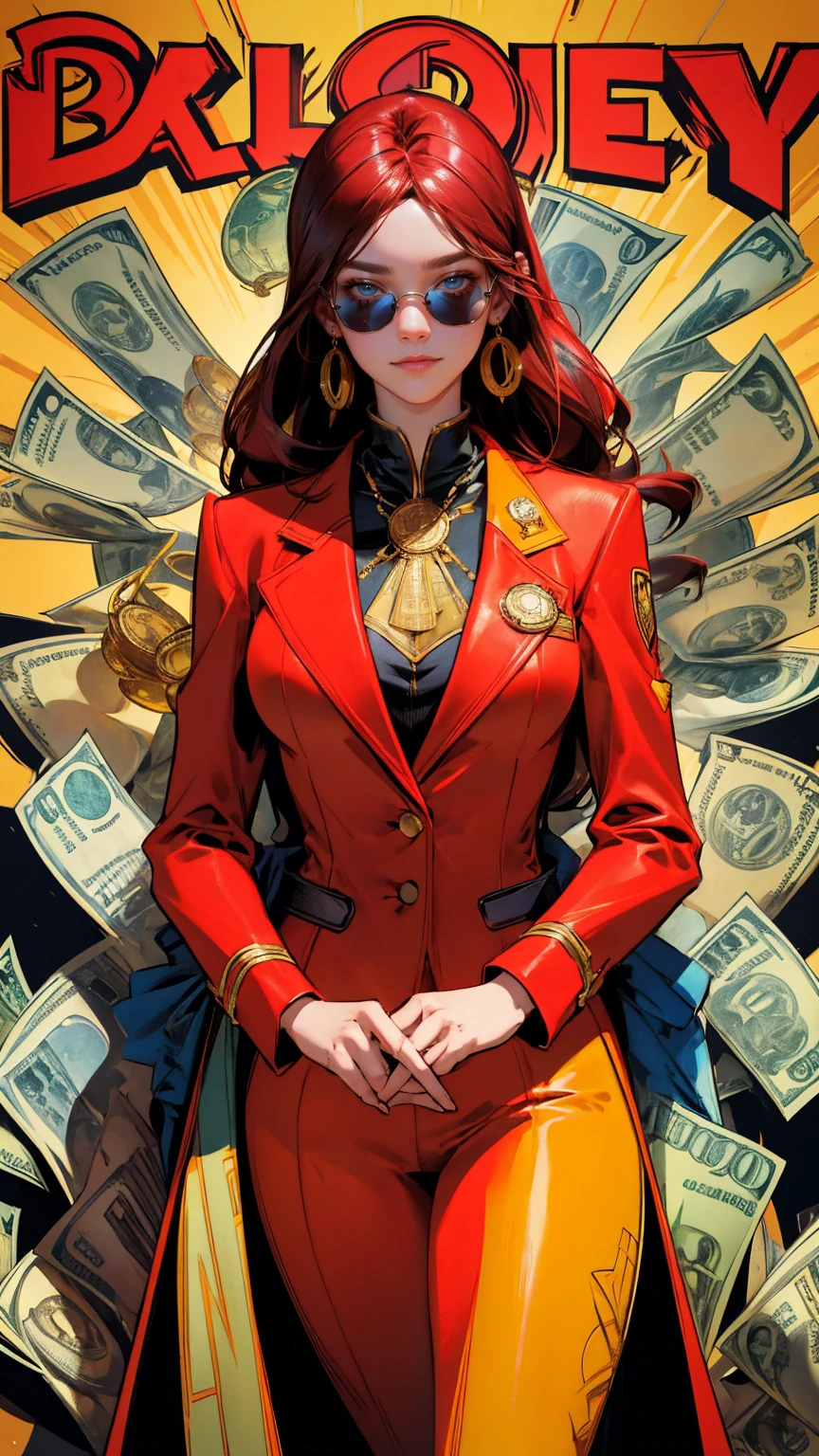 A detailed illustration of an extremely rich woman with yellow sunglasses and a red suit, surrounded by lots of money in the background. she is holding her chin while thinking about something. The character should be depicted in a vibrant comic book style with bright colors and bold outlines. In front there are some coins and dollar bills. There will also be various other logos in the background to symbolize wealth and success. Make it look like a poster in the style of a comic book artist