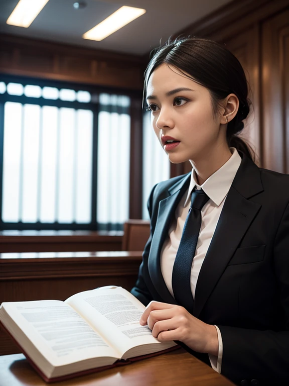 A lawyer arguing passionately in court、Detailed facial features、Expressive gestures、Finely crafted suits、Have a large amount of data、Dramatic lighting、Photorealistic、Cinematic composition、Chiaroscuro Lighting、Gloomy atmosphere、Dark Shadows、Intense emotions、Strong presence、High contrast、Ultra-realistic、Tight framing、Dramatic tension、Courtroom Settings、Wooden furniture、Legal Book、A tense look、Sharp Eyes、Sharp suit、Strong focuasterpiece、8k