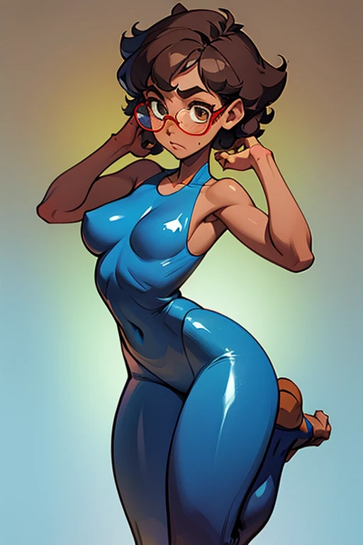 Really embarrassed tomboy girl, with short gray curly hair, brown skin and glasses, in blue body paint , full body, sexy yoga poses