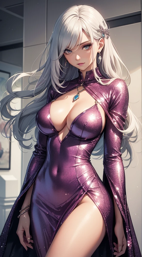 Highest quality, masterpiece, Realistic, Beautiful, sexy, cool and tall, slim, a healthy woman, Wearing a flashy silver-pink sequined dress, Complex and highly detailed, Cleavage, Long silver hair, Body Chain, jewelry.