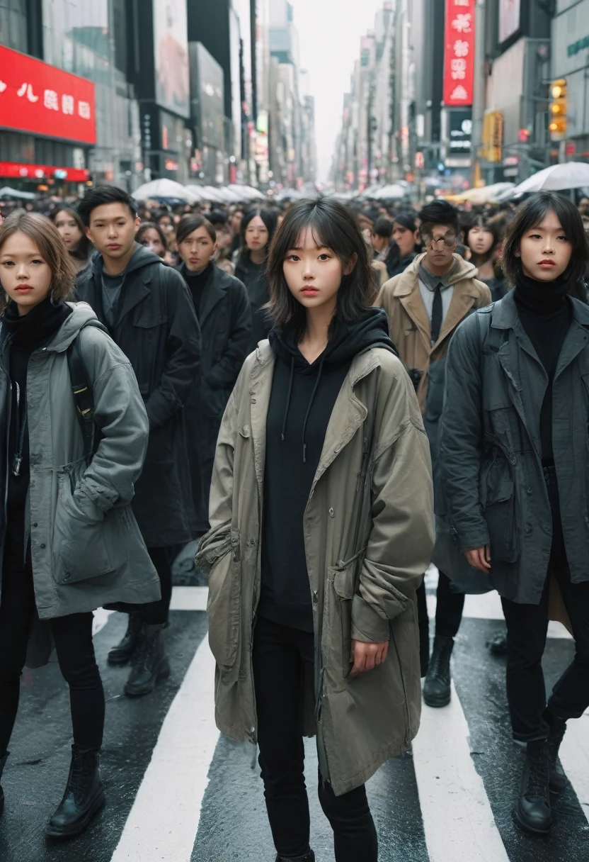 Ultra high angle shot, Professional Model, Standard height,  (Human to Human Ratio 1:1) Standing in the center of a crosswalk modeled after Shibuya Scramble Crossing, Looking into the camera, Wearing a black washed safari long jacket and a black hoodie, Black cargo pants, Dark grey boots, People wearing different colored clothes々, Realistic photo of a crowded street

